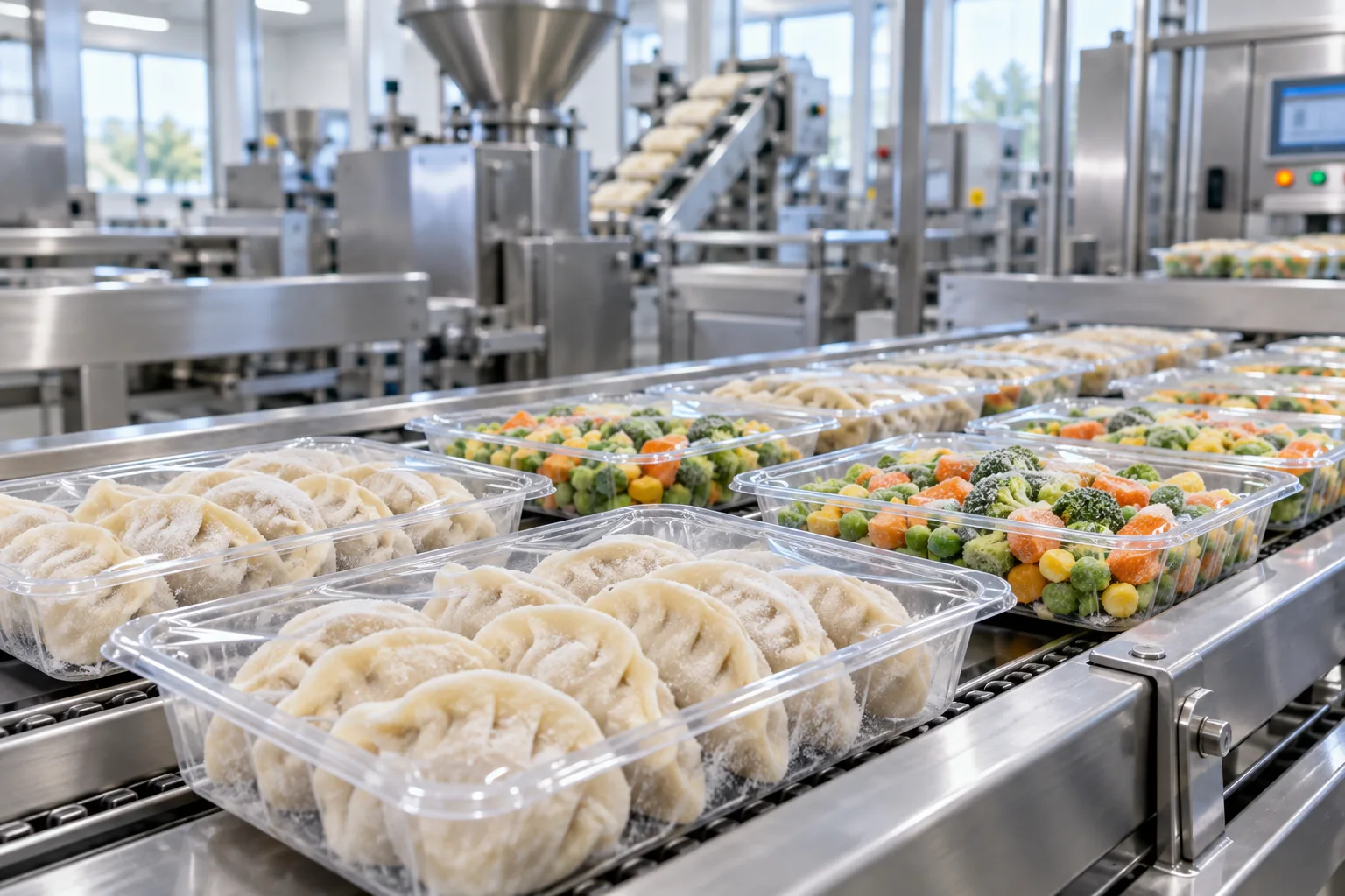Frozen-food trays on a production conveyor