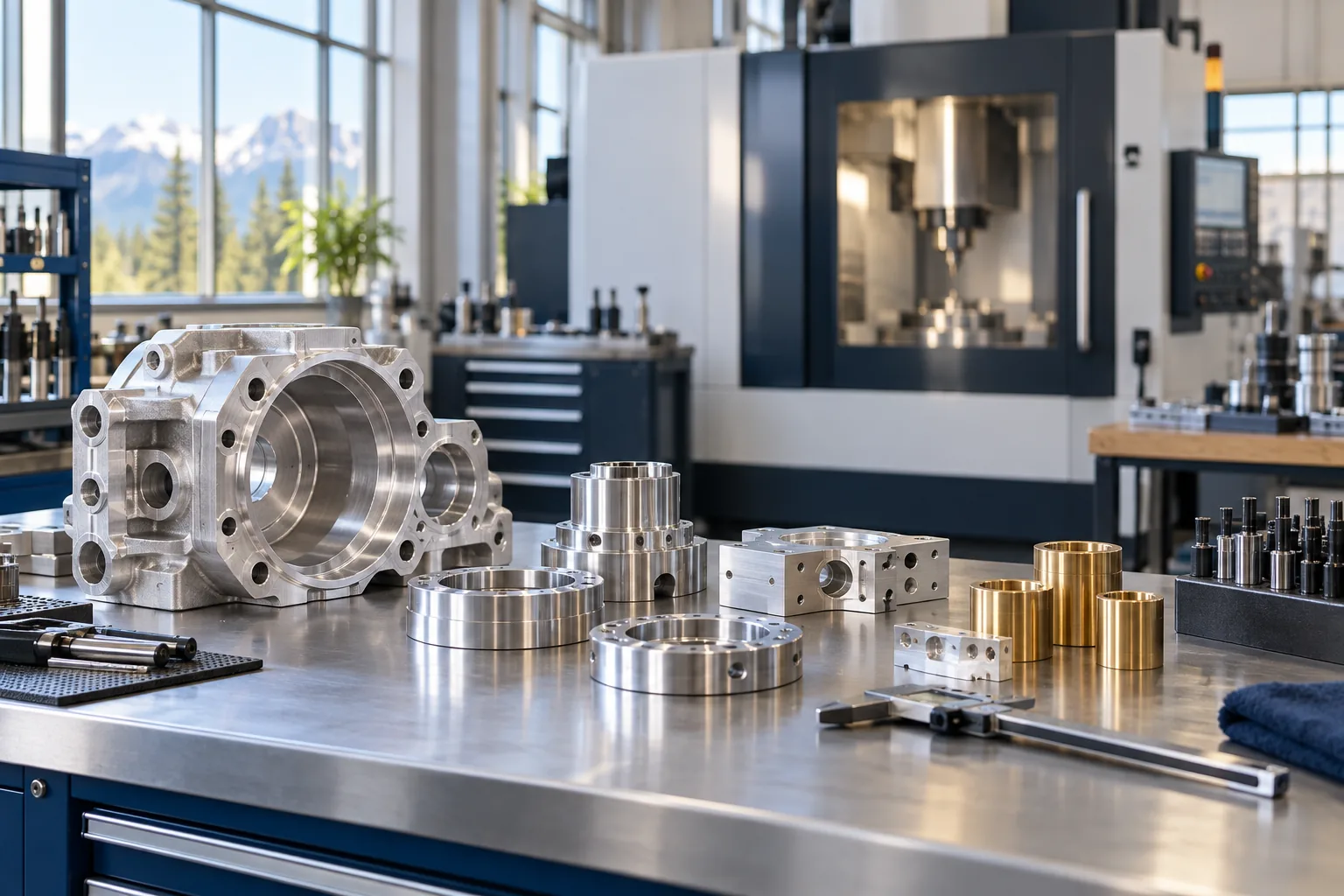 Precision metal components and enclosed machining equipment in a workshop