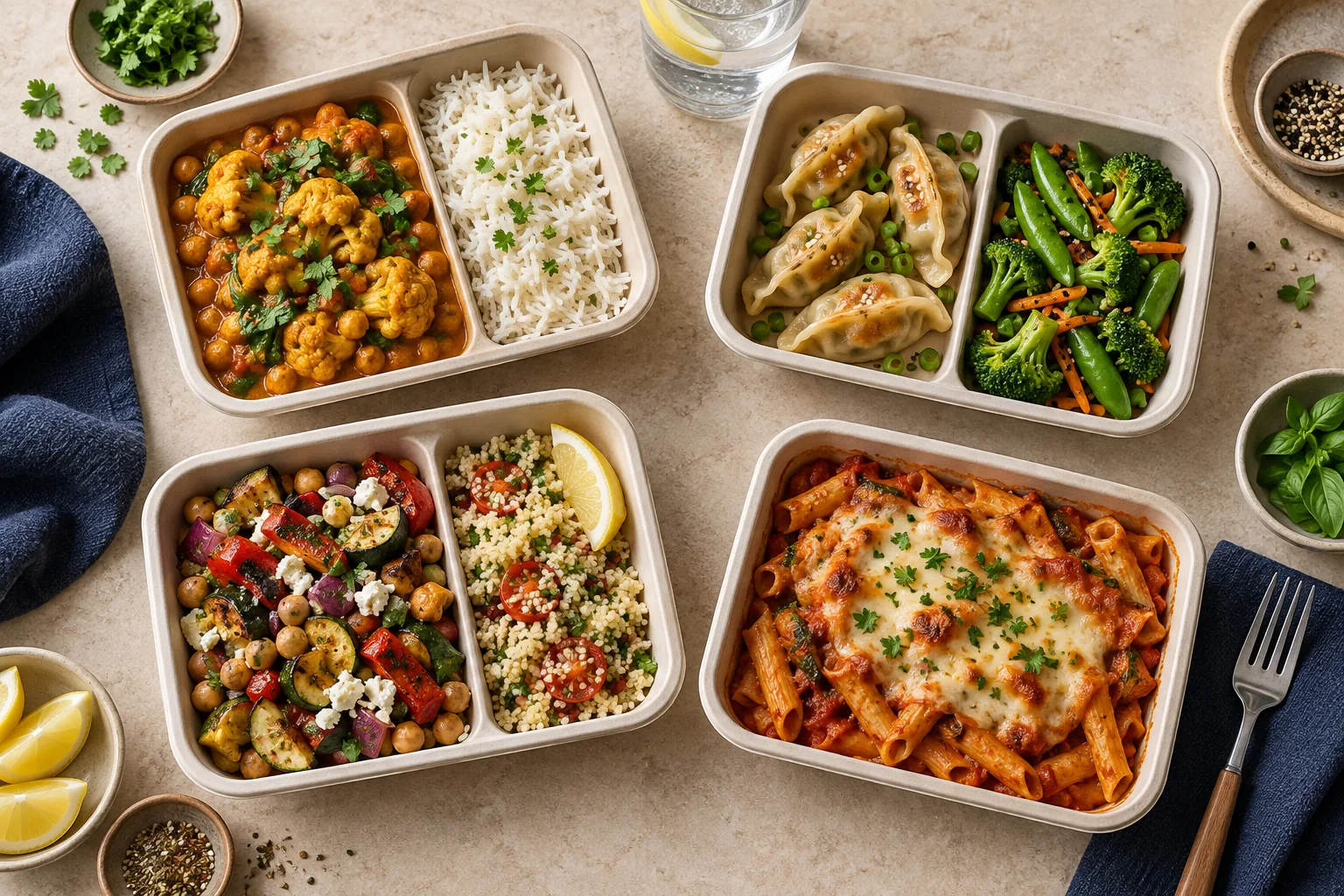 An assortment of prepared meals inspired by several culinary traditions